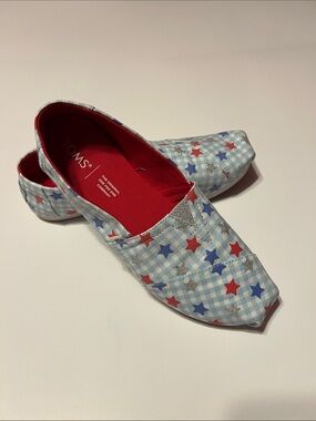 Toms Light Blue Gingham Slip-Ons with Red Interior and Red, Blue & Silver Stars